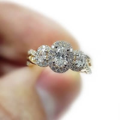 Three Stone Halo Style Diamond Engagement Ring